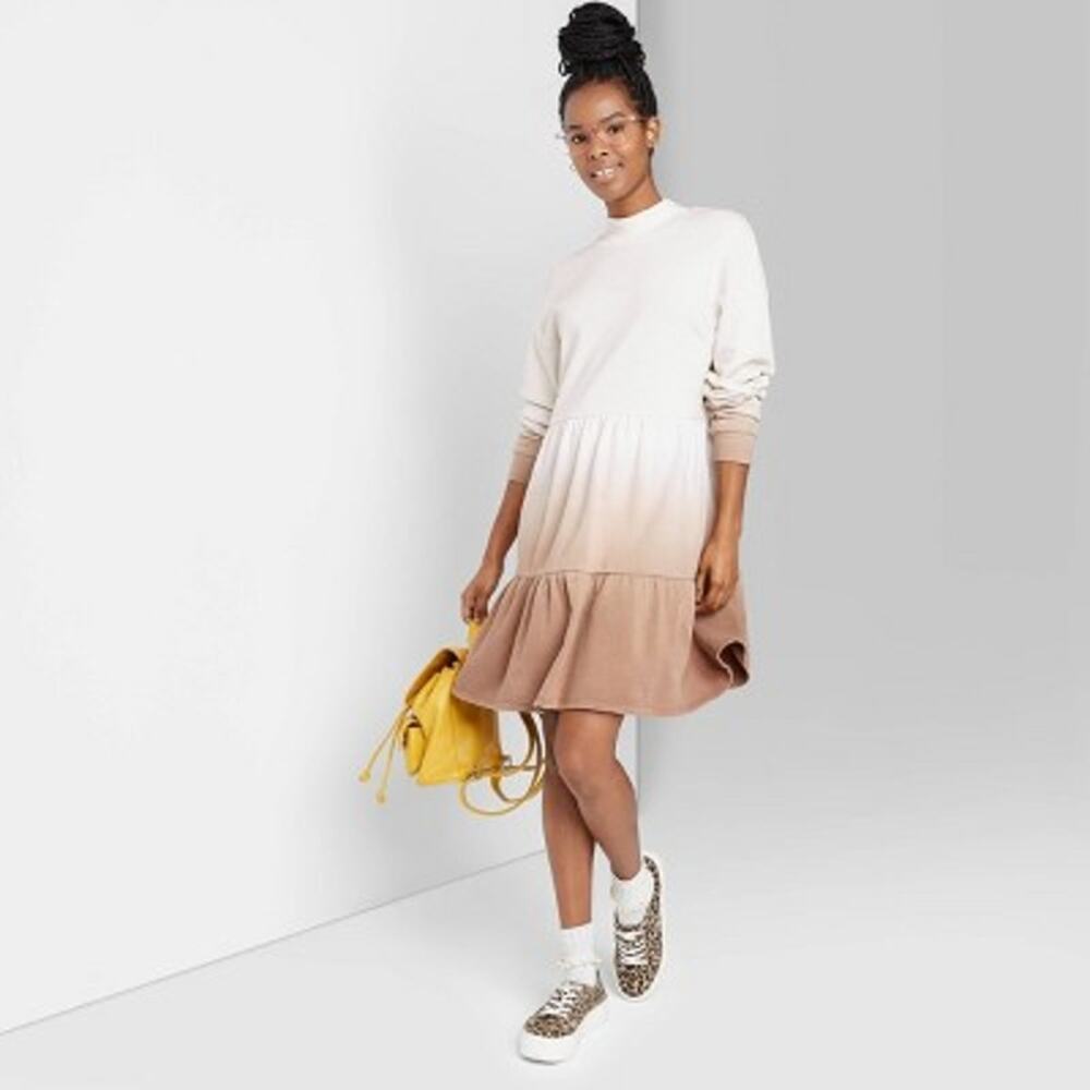 NWT Wild Fable White Brown Ombre Dip Dye Sweatshirt Dress Women's Size Small
